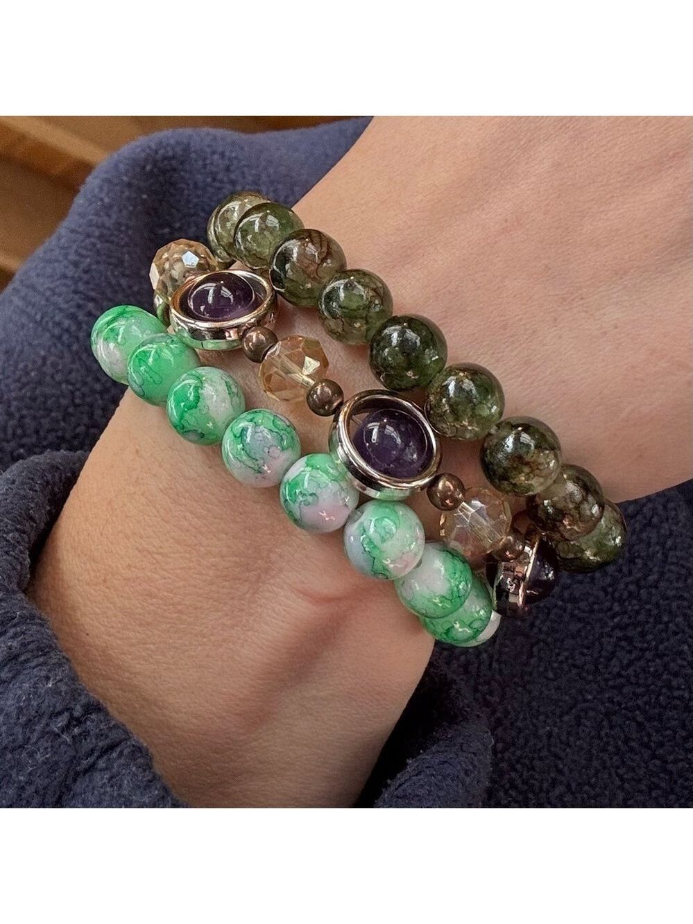 030. Elegant Green and Purple Glass Beaded Bracelet Set